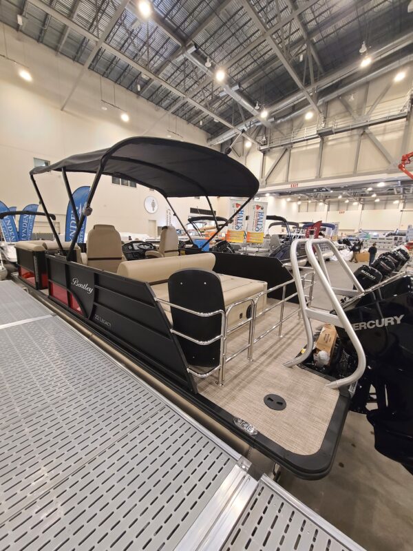 A boat with two seats and a canopy on it.