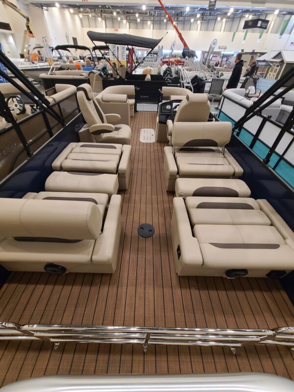 A boat with many seats on the deck