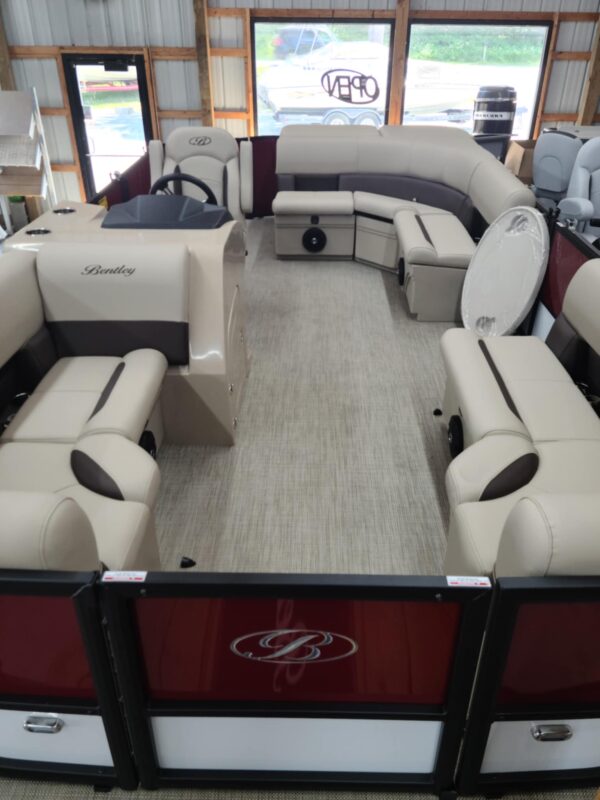 A boat with two couches and one table