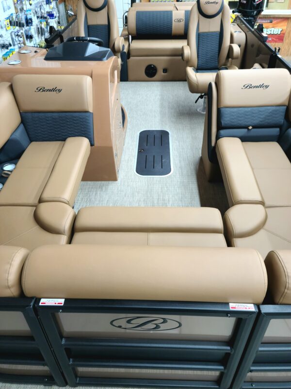 A boat with two couches and one table